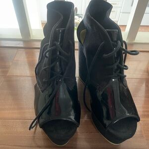 Divided Black Patent Lace-Up Wedges